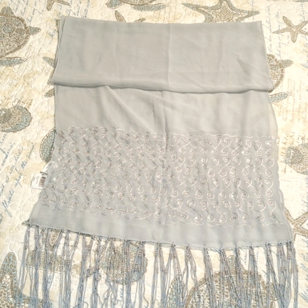 Gray beaded and fringed wrap